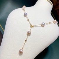 Collier pendentif réglable en acier inoxydable plaqué or avec perle ronde d'eau douce de 8-9 mm et chaîne torsadée de type Singapour