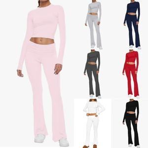 Wholesale Women T Shirt Pants <b>Set</b> Crew Neck Low Waist Flare Leg Regular Fit Casual Streetwear Outfit Private Label Custom - Product Image 1