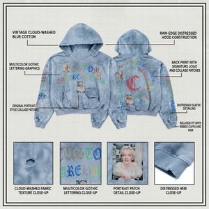 Custom 450GSM Cotton Hoodie Portrait Graphic Sun Bleached Mud Wash Distressed Boxy Fit Blue <b>Pullover</b> OEM Streetwear <b>Men</b> Hoodie - Product Image 2