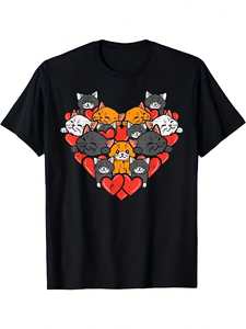 T-shirt da donna con stampa gatto a cuore, simpatico gattino di San Valentino, manica corta, 100% cotone, girocollo, vestibilità regolare - Product Image 1