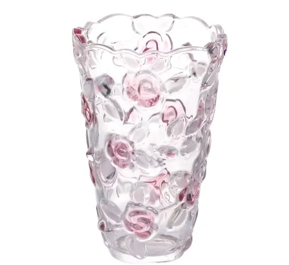 Toptan 9 inç kaliteli makine yapımı pembe renkli ayaz dekorasyon cam gül çiçek kristal cam vazo