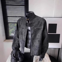 Blouson motard vintage en daim délavé à col montant et fermeture éclair pour homme, style moto gris foncé vieilli