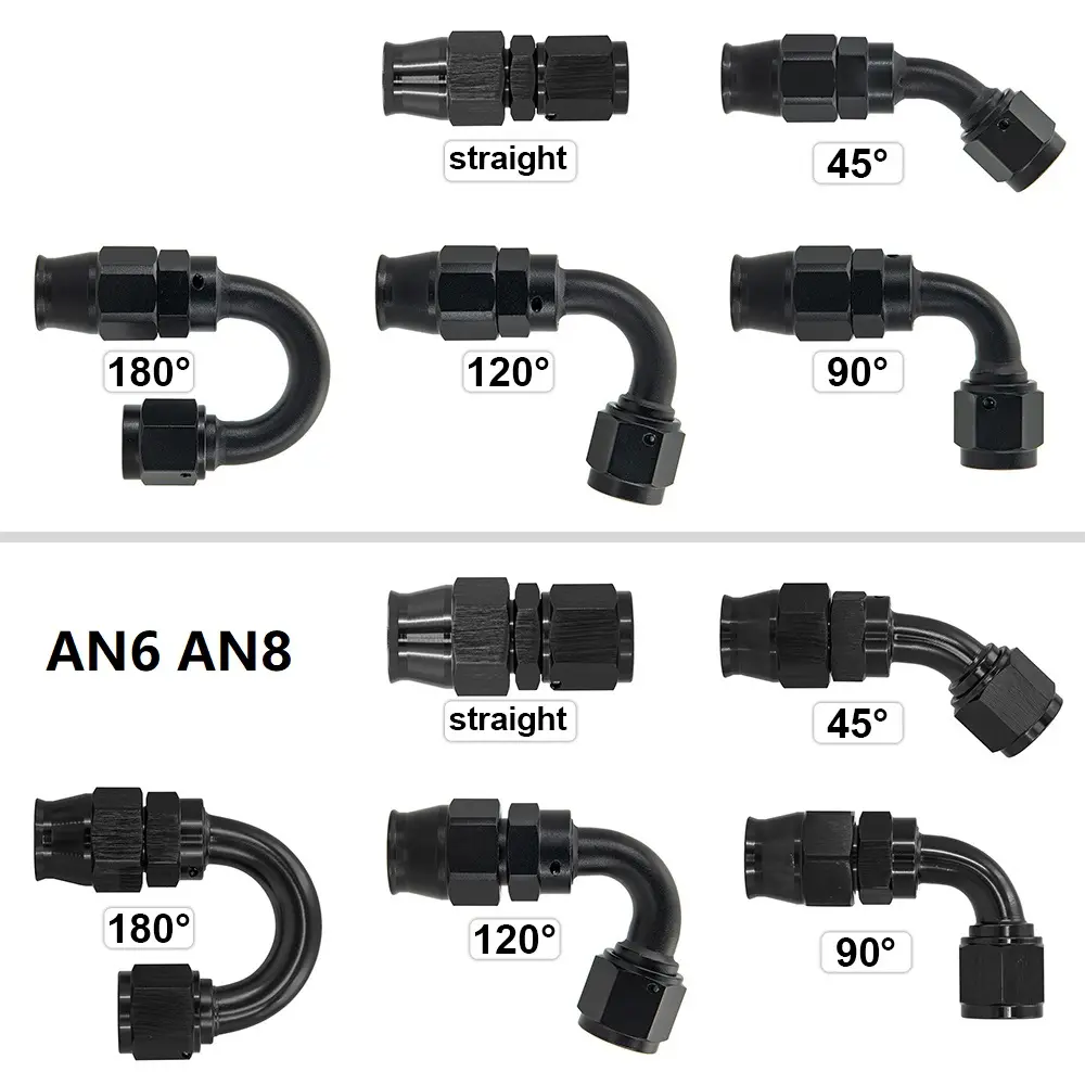 AN6 AN8AN10ストレート4590120180度再利用可能なホースエンドフィッティングアダプタースイベルPTFEオイル燃料ラインホースエンドフィッティング用