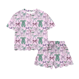 GSSO3410 Conjunto de Ropa de Verano para Niña Pequeña con Estampado de Lazos Rosa y Morado, Venta al por Mayor, Manga Corta - Product Image 2