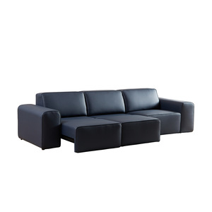 Sofá de cama retráctil eléctrico de cuero de vaca Negro Grande Normcore italiano, juego de sala de estar con función de sofá de bloque de tofu recto - Product Image 3