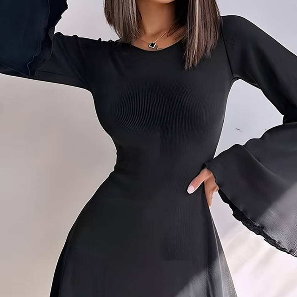 black dress with flared sleeves Black High Neck Keyhole Cut Out Flared Sleeve Midi Dress main image 1