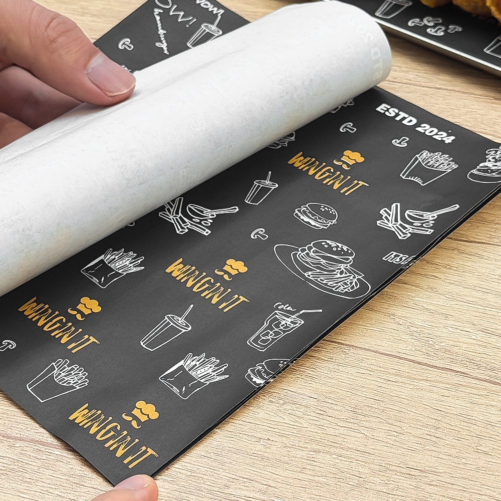 Custom Greaseproof Waterproof Eco-Friendly Recyclable Disposable Food Grade Paper Packaging Sandwich Burger Tray Liner Paper