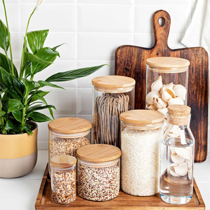 Ensemble <span class=keywords><strong>de</strong></span> bocaux <span class=keywords><strong>de</strong></span> rangement en verre en gros, contenants ronds transparents avec couvercles en bambou hermétiques pour l'organisation du garde-manger <span class=keywords><strong>de</strong></span> la cuisine - Product Image 6