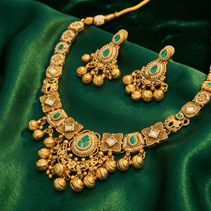 Brass Antique Gold Plated Rope <b>Chain</b> Green Stones Pendant Necklace Set Matching Earrings for Women Traditional Wedding Fashion - Product Image 5