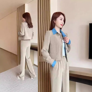 Women's Casual Suit Set Purple Corduroy Two Piece With Buttons Anti Wrinkle Wide Leg Pants Top Spring Style - Product Image 3