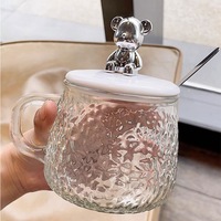 Mug en verre martelé électroplaqué avec couvercle et cuillère, tasse à café et thé en verre sodocalcique pour le bureau et le petit-déjeuner