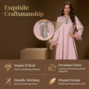 อาบายะห์มุสลิมประดับคริสตัลหรูหราสำหรับผู้หญิง พร้อมปลอกแขนประดับมุกและขนนก - Product Image 2