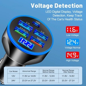Chargeur de voiture <span class=keywords><strong>USB</strong></span> C <span class=keywords><strong>5</strong></span> en 1 à <span class=keywords><strong>5</strong></span> ports avec affichage numérique LED, adaptateur de charge rapide PD QC3.0, protection anti-feu pour écouteurs, garantie 12 mois - Product Image 3