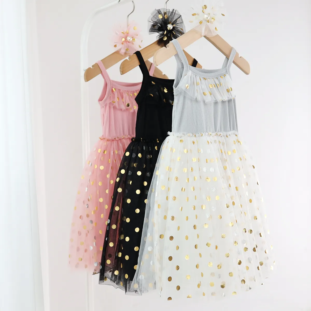 Bebek prenses elbise Polka Dots 1-5 yıl küçük kız spagetti şerit pamuk astar bebek kız ck tül bebek yaz giysileri