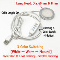 Lumière LED ronde alimentée par USB 10W avec gradation progressive, 3 modes de couleur, cadre en aluminium argenté, design fin de 60 mm de diamètre, câble de 2 m