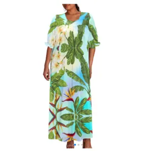Dropshipping 퍼프 슬리브 미크로네시아 무무 사용자 정의 전통 미크로네시아 드레스 여성 레이디 우아한 꽃 프린트 푹신한 드레스