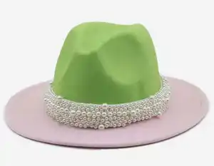 Cappello di lana jazz classico britannico Flip top da donna grande cornicione cappello a bordo piatto moda cappello rosa verde Sorority