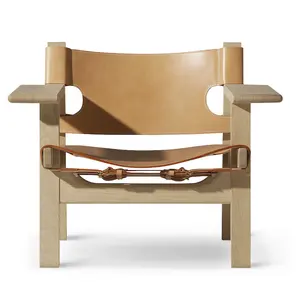 休闲室马鞍皮革实木靠背椅子北欧设计师中式实木客厅扶手椅