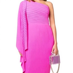 Vestido Maxi de Punto Asimétrico de Un Solo Hombro con Detalle Drapeado, Estilo Bodycon Ajustado, Color Sólido Rosa, para Fiesta, Verano - Product Image 3