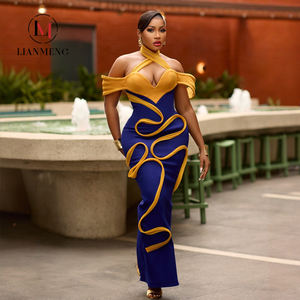 LM D115 kraliyet mavi ve altın Trim Mermaid kıyafeti kapalı omuz sevgiliye V yaka Bodycon Fit resmi akşam balo elbise - Product Image 1