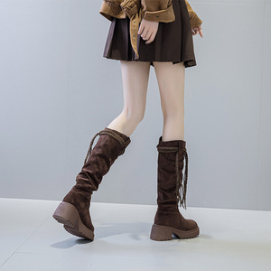 Women's Below-Knee Long Boots, 2026 New Tassel Ruched Slouchy Boots <b>Block</b> Heel Woven Mid-Calf Rider Boots - Product Image 1