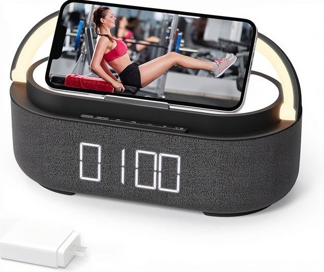 Wireless Charging Alarm Clock Radio 10W Stereo Bluetooth Speaker Dimmable Digital FM Modern Design Black Home Bedroom Office