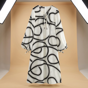 Vestido Maxi de Gasa Tejida Ecológica para Mujer con Manga Abullonada y Cuello con Lazo, Vestido Casual de Verano con Cintura Natural - Product Image 3