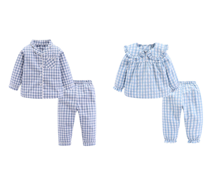 Ensembles de pyjamas pour enfants personnalisés OEM Pyjamas de créateurs pour bébés garçons Ensemble de <span class=keywords><strong>pyjama</strong></span> de <span class=keywords><strong>luxe</strong></span> vichy deux pièces Boutique Vêtements de nuit à volants - Product Image 1