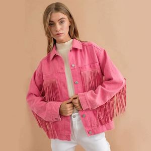 Veste en jean longue pour femme en coton respirant et écologique, style streetwear décontracté vintage, délavée, effilochée, blanche, avec franges - Product Image 2