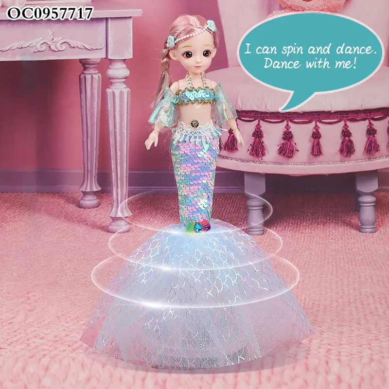 Led light musical rotate electric dancing cute items oem mermaid doll for girls