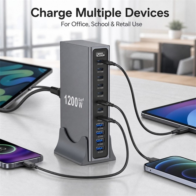 1200W 12-Port Desktop USB Charging Station 140W PD Fast Charger 8 Type-C 4 USB-A Multi Port Power Adapter for Smartphones Tablet