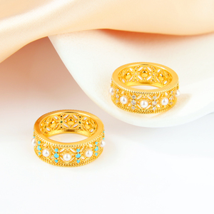 Elegant 21k Gold Plated Bridal Jewelry <b>Rings</b> Pearl <b>Turquoise</b> Zircon Inlay Vintage Wedding <b>Ring</b> for Women Gifts - Product Image 1