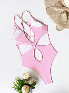Traje de baño de una pieza con cuello en V profundo rosa para mujer, traje de baño elástico de color sólido con cintura alta - Product Image 4