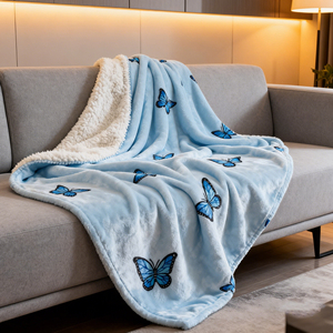 Couverture décorative pour canapé en flanelle sherpa double face écologique, avec broderie appliquée de papillon bleu exquis - Product Image 4