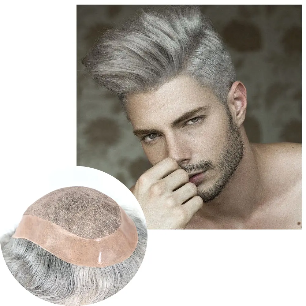 Mono de encaje y tupé con Base de PU para hombre, tupé de pelo plateado y gris, tamaño personalizado, encaje francés, Parche de cabello humano indio, 15cm de longitud