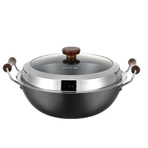Large Old Fashioned Iron Wok Double Handles Uncoated Non Stick <b>Cast</b> Iron Stew Pot Deepened For Induction Gas Stoves - Product Image 2