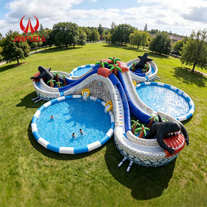 Parc de divertissement extérieur avec piscine gonflable, <span class=keywords><strong>trois</strong></span> toboggans aquatiques, château gonflable jungle - Product Image 1