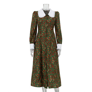 Abito Lungo Vintage Elegante Stile Designer con Stampa, Colletto <span class=keywords><strong>Peter</strong></span> Pan, Vita Alta e Vestibilità Slim - Novità - Product Image 6