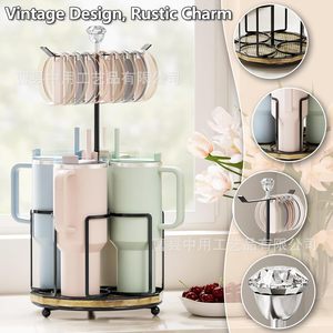 Rotating Cup <b>Storage</b> <b>Rack</b> Metal 360 Degree Turntable Holder For Water <b>Bottles</b> And Mugs Standing Type With Wooden Base - Product Image 3