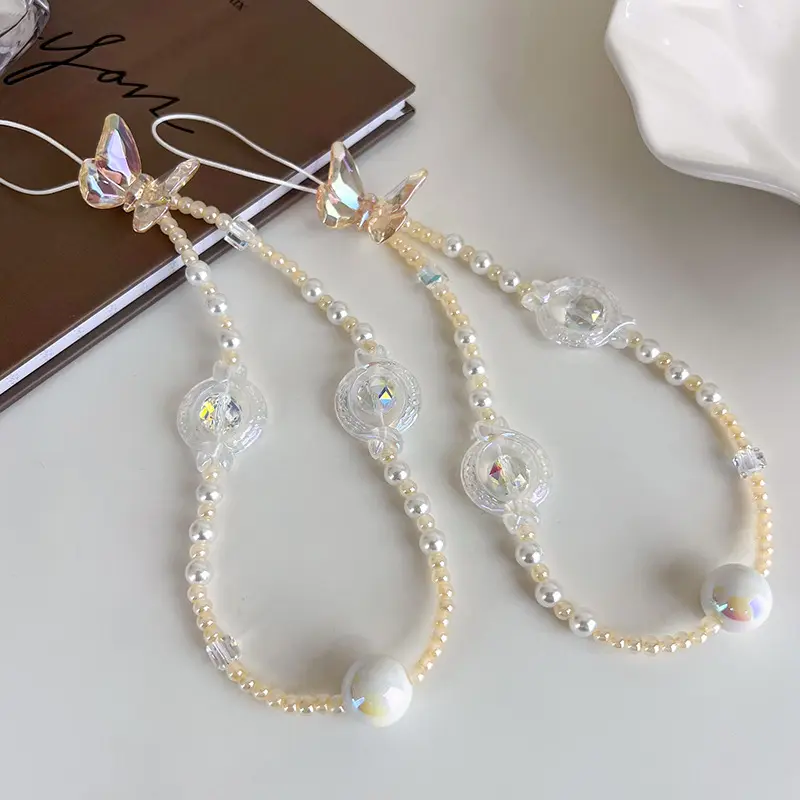 Elegante Perle Kristall Schmetterling Lanyard Armband Anti-Lost Handy-Kette Zierliche Handy-Kette Pearl Charm