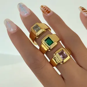 Ins Fashion 18K Real Gold Plated Square Stone Ring Non Tarnish Stainless Steel Chunky Zircon Gemstone Rings