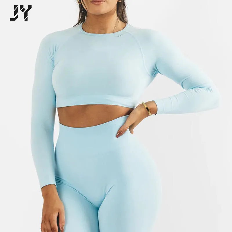 Joyyoung - Conjunto de calções de ioga para mulheres, blusa de manga longa com logotipo personalizado, 3 peças, sem costura, fitness para academia e academia, roupa ativa e macia