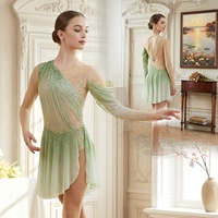 Robe de danse lyrique personnalisée R0973, vert ombré, avec strass, manches longues en maille, pour filles, pour compétitions et spectacles de danse contemporaine