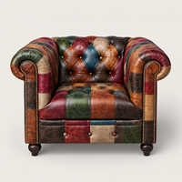 Canapé Chesterfield carré traditionnel en cuir véritable patchwork vintage, fait main, capitonné, une place, meubles de salon sur mesure