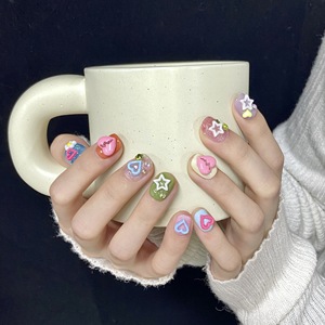 เล็บปลอมทรงดาวเทียมทรงสั้นสีสันสดใสพิมพ์ลายดาวแบบสั้นเล็บปลอมสไตล์ไทย - Product Image 3