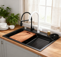 Évier de cuisine moderne intelligent multifonction en acier inoxydable avec robinet cascade, évier intégré avec poste de travail pour usage domestique