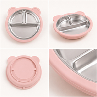 Baby Fütterungsschale Teller Becher Set Edelstahl Innen Silikon Außen Saugnapf-Basis Kleinkind Geschirr Entwöhnungs-Set BPA-frei