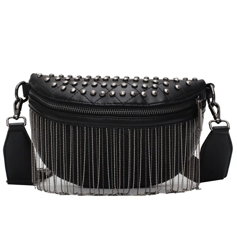 Kadınlar için yeni trendy moda geniş bant crossbody püsküller perçinler fermuar bel çantaları