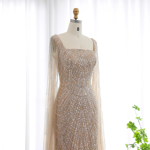 Robe de soirée sirène perlée personnalisée de Dubaï avec mancherons Robes de soirée pour femmes Champagne Robes de cérémonie Robe de bal Lsz116-1 - Product Image 4