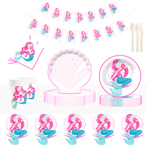 Fournitures de fête d'anniversaire sur le thème de la sirène DAMAI, ensemble de vaisselle sirène avec assiettes, gobelets, serviettes pour fête sur le thème de la sirène pour 8 invités - Product Image 1